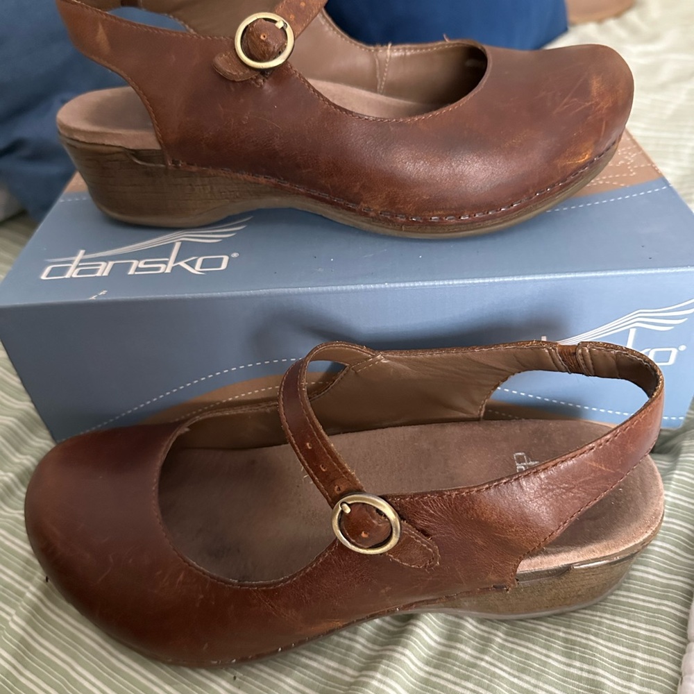 Dansko Brown Leather Slingback Mary Jane Clog with Gold Buckle